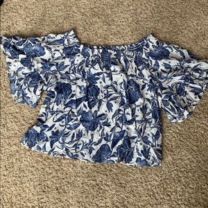 H&M off the shoulder blue and white top